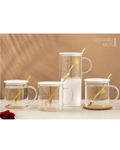 Tasse en Verre avec Couvercle et Cuillère Motif Doré