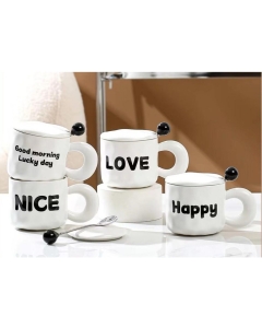 Tasse en Céramique Blanc avec Couvercle et Cuillère
